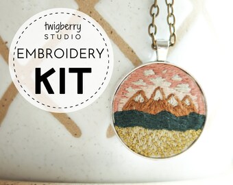 Mountain EMBROIDERY KIT Necklace, Modern Embroidery Kit Pendant, Mountains Hand Embroidery Cross Stitch Easy Embroidery Supplies, Supply Kit