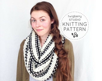 Knitting PATTERN Cowl Knit Black and White Striped Cowl Pattern Chunky Knit Scarf Easy Infinity Knit Pattern Stripe Scarf Pattern Knitting