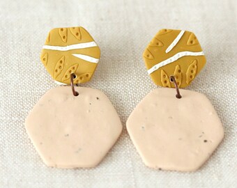 Mustard Pink Hexagon Clay Dangle Earrings, Polymer Clay Drop Earring, Blush Chartreuse Clay Earrings, Lightweight Hypoallergenic, Leaf Vines