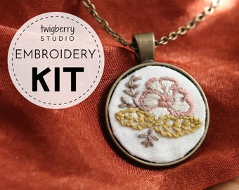 Beginner Embroidery Kit Necklace, Modern Embroidery Kit Pendant, Easy Embroidered Jewelry, Flowers, DIY Hand Embroidery Cross Stitch Craft