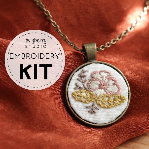 Beginner Embroidery Kit Necklace, Modern Embroidery Kit Pendant, Easy Embroidered Jewelry, Flowers, DIY Hand Embroidery Cross Stitch Craft