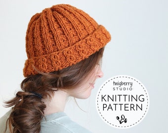 KNITTING PATTERN Ribbed Beanie Hat, Slouchy Hat Knitting Pattern, Easy Toque Hat Pattern, Beginner Knit Hat, Easy Cable Knit Beanie Pattern