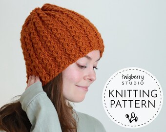 KNITTING PATTERN Beanie Hat, Slouchy Hat Knitting Pattern, Easy Toque Hat Pattern, Beginner Knit Hat, Easy Cable Knit Beanie Pattern Beret