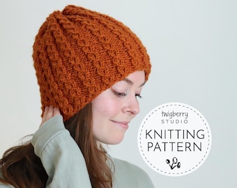 KNITTING PATTERN Beanie Hat, Slouchy Hat Knitting Pattern, Easy Toque Hat Pattern, Beginner Knit Hat, Easy Cable Knit Beanie Pattern Beret