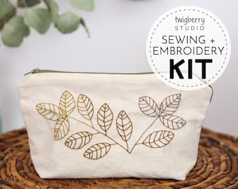 Leaf Pouch EMBROIDERY and SEWING KIT, Zip Bag Sewing and Embroidery Kit, Modern Sewing Kit, Boho Hand Embroidery Kit, Diy Embroidered Pouch