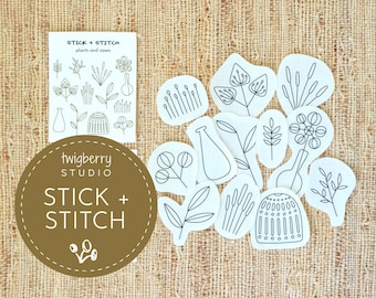 Flowers Stick and Stitch Embroidery Designs, Peel and Stick Embroidery Transfers Pack, Floral Leaf Embroidery Patterns, Water Soluble Patch