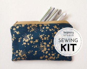 Zip Pouch SEWING KIT, Beginner Zipper Pouch Sewing Pattern, DIY Sewing Kit, Simple Bag Sewing Kit, Easy Sew Project Supplies Gold Teal Purse