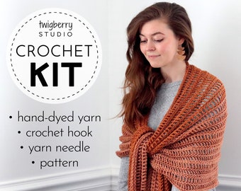 Shawl CROCHET KIT with Yarn, Crochet Wrap Scarf Kit, Easy Crochet Wrap Pattern, 3 Skeins Hand Dyed Yarn Crochet Kit, Gradient Fade Shawl Kit