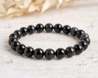Black Banded Agate Bracelet Natural Crystal Gemstone Jewelry Protection Gift Set for Men Women