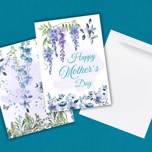 Tarjeta del Día de la Madre, archivo PDF y PNG imprimible, tarjeta floral con flores azules y lavanda, diseño de tarjeta digital, tarjeta de felicitación, tarjeta de homenaje