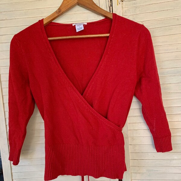 Women's Clothing, Red Wrap Sweater, Retro Thrift, Size Small, Funky Funwear/ Holiday Wearables