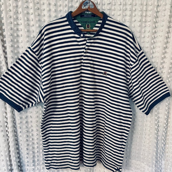 XXL Casual Shirt , Navy and White Stripe, Retro  T.  Hilfiger.  100 Percent Cotton, Oversize  Funwear!