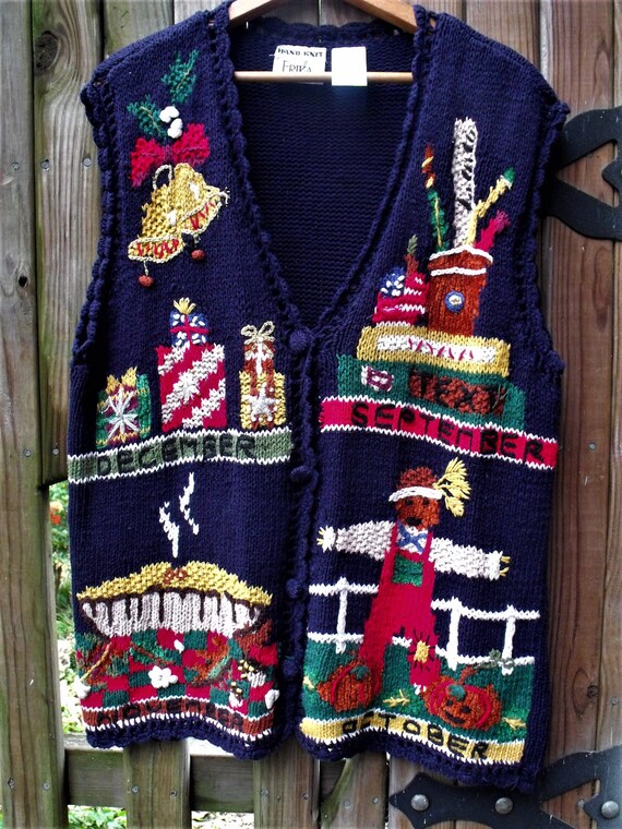 Hand Knit Vest/ Fall-holiday Theme Vest/ M-L Cardigan/ Vintage | Etsy
