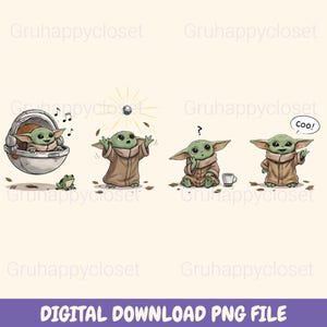 May include: A digital download PNG file featuring four illustrations of a green alien character in various poses. The character is shown in a floating pod, catching a ball, pondering, and saying "Coo!". The background is a light beige color.