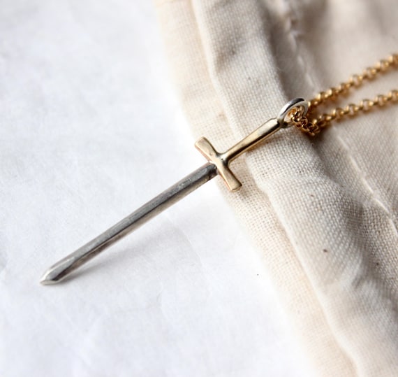 Silver and Gold Sword Necklace, handmade in solid sterling and 14k Gold