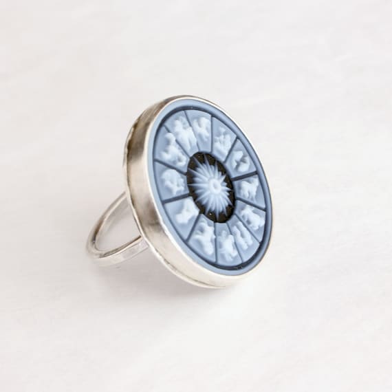 Zodiac Wheel Cameo Ring - Constellation Wheel in Black Agate handmade in Sterling Silver