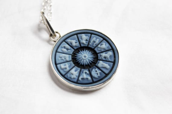 Sterling Silver Zodiac Necklace: Black Agate Constellation Wheel Cameo