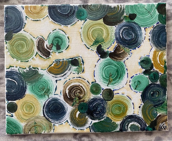 抽象アクリル画 緑色と茶色 グリーンフロス‒意／アクリル画 18×14㎝