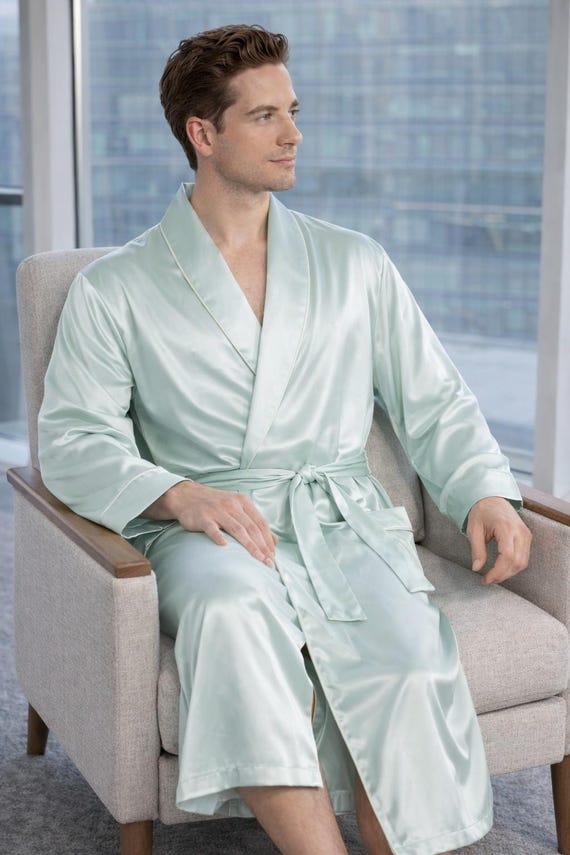Men's Mint Green Silk Robe – Luxury Lightweight Lounge & Nightwear Dressing Gown