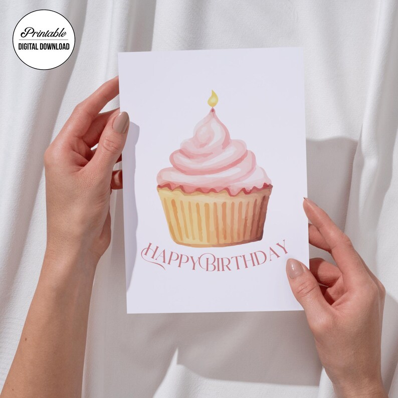 Cute Birthday Card, Minimalist, Cupcake, Cursive, Greeting Card ...
