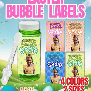 May include: A green bubble bottle with a white cap and a bubble wand, alongside four Easter-themed labels featuring a girl with bunny ears. The labels are in four colors and two sizes. The text "EASTER BUBBLE LABELS" is displayed in pink.