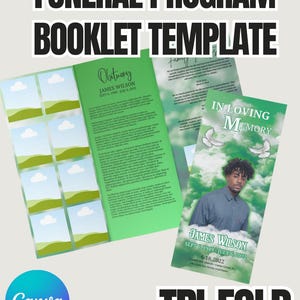 Green Funeral Program Template for Canva - Trifold Obituary Booklet - Bold Memorial Service Program - Editable In Loving Memory Template