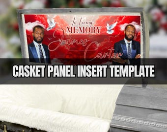 Casket Panel Insert Template, Red, Editable Canva, 31.5×14.5 in