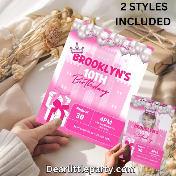 Princess Birthday Invitation - Editable Canva Template - Pink Castle Design