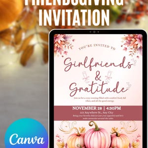 Sjabloon Friendsgiving-uitnodiging – bewerkbare canva-herfstuitnodiging – afdrukbaar voor vriendinnen en dankbaarheid