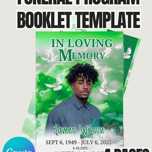 Green Canva Funeral Program Template - Editable 4-Page Obituary Booklet