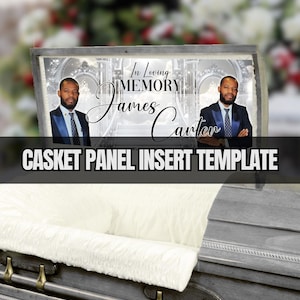 Plantilla para insertar un panel de ataúd, plateada, Canva editable, 31,5 x 14,5 pulgadas
