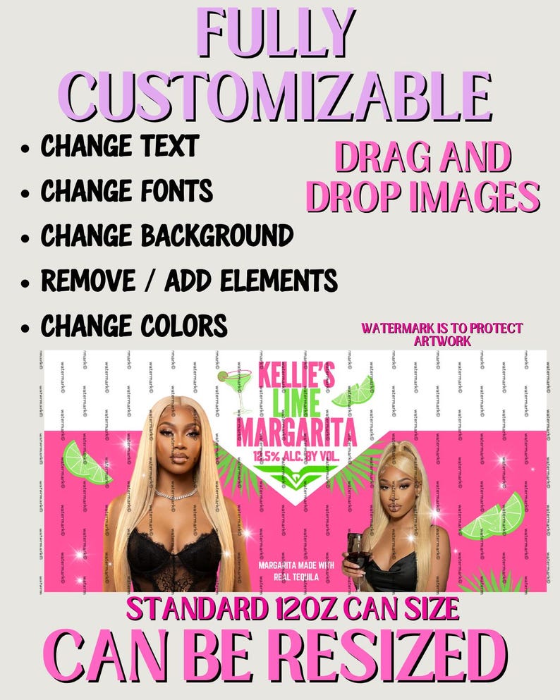 May include: A pink and white customizable label design for Kellie's Lime Margarita. The design includes text, images, and the ability to change colors, fonts, and backgrounds. The label is for a standard 12oz can.