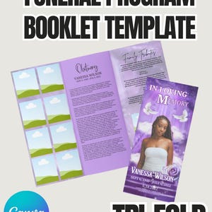 Purple Funeral Program Template  Editable Trifold Obituary Brochure Download  Memorial Service Keepsake