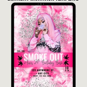 The image is a birthday invitation template featuring a young woman with pink hair and a pink and white background. The text on the invitation includes the event name, date, time, location, and additional information about the 2 sizes included.