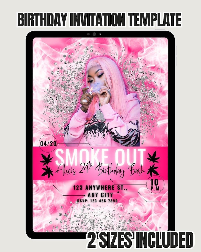 The image is a birthday invitation template featuring a young woman with pink hair and a pink and white background. The text on the invitation includes the event name, date, time, location, and additional information about the 2 sizes included.