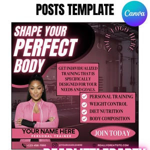 Pode incluir: Um modelo de marketing rosa e preto para personal trainers. O texto diz "Shape Your Perfect Body" e lista serviços como treino pessoal, controlo de peso e nutrição. Inclui um espaço para um logótipo e informações de contacto.
