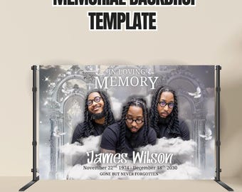 Modello Canva per sfondo funebre in argento - Banner "In Loving Memory", esposizione di foto commemorative, cartello per la celebrazione della vita