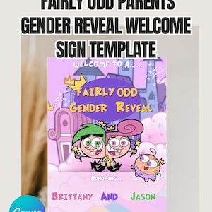 Znak powitalny Fairly Odd Gender Reveal | Edytowalny szablon Canva | Magiczny znak ujawniający płeć dziecka | Motyw Fairly Odd Parents | Natychmiastowe pobranie