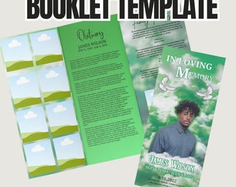 Green Funeral Program Template - Editable Trifold Obituary Booklet