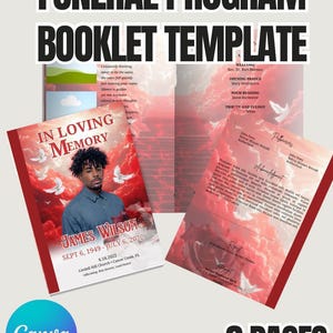 Plantilla de programa funerario rojo: folleto de obituario editable de 8 páginas para servicio conmemorativo