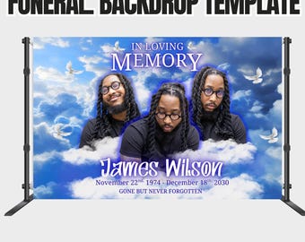 Funeral Backdrop Banner: Blue Memorial Design (Customizable Canva)