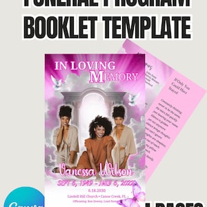 Pink Funeral Program Template - Editable 4-Page Memorial Booklet with Photos