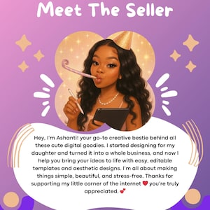 May include: Digital art featuring a woman with long, dark hair wearing a party hat and holding a party horn and stylus. The text reads "Dear Little Party" and "Meet The Seller". The image has a purple and gold color scheme.