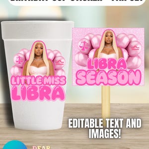 May include: A white foam cup and a rectangular fan featuring a graphic of a person with blonde hair, pink balloons, and the text "LITTLE MISS LIBRA" and "LIBRA SEASON". The design includes Libra zodiac symbols and pink accents on a glittery background.