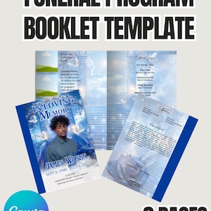 Blue Funeral Program Template for Canva - 8-Page Obituary Booklet - Bold Memorial Service Program - Editable In Loving Memory Template