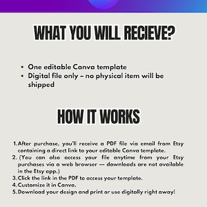 May include: A digital product advertisement with a purple and white gradient background. The text reads "WHAT YOU WILL RECIEVE?" and "HOW IT WORKS". Includes instructions for accessing and customizing a Canva template.
