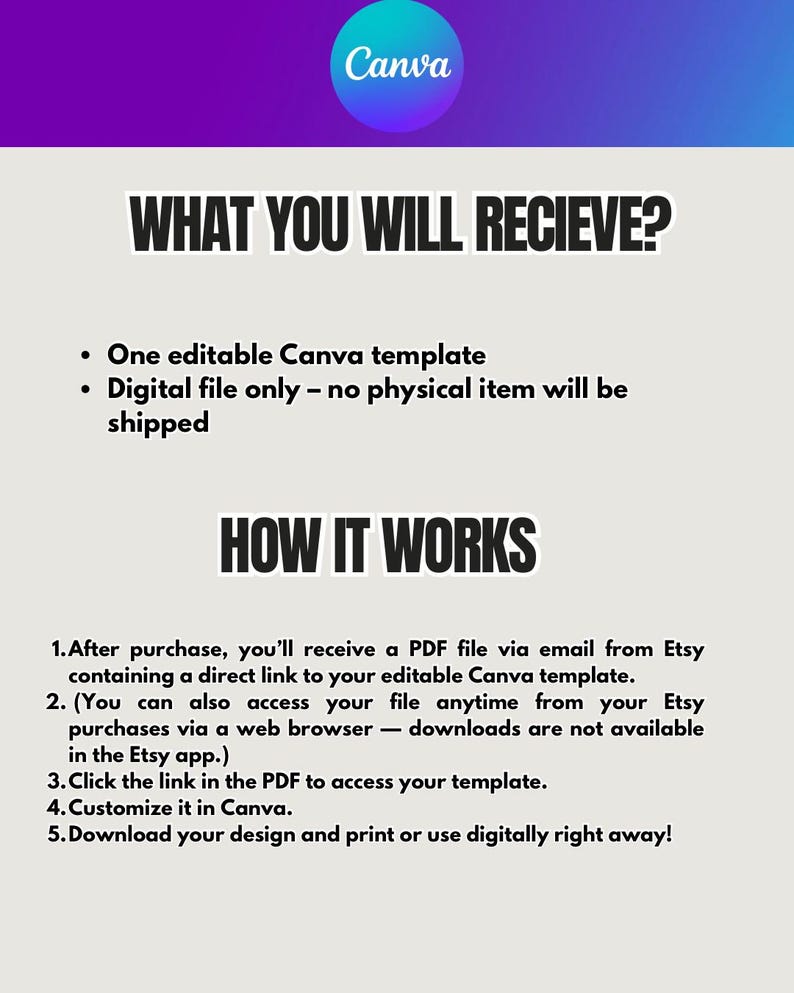 May include: A digital product advertisement with a purple and white gradient background. The text reads "WHAT YOU WILL RECIEVE?" and "HOW IT WORKS". Includes instructions for accessing and customizing a Canva template.