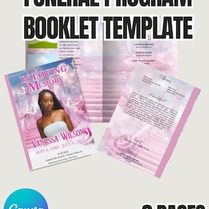 Pink Funeral Program Template - 8-Page Editable Obituary Booklet with Photos for Memorial Service