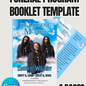 Blue Funeral Program Template for Canva - 4-Page Obituary Booklet - Bold Memorial Service Program - Editable In Loving Memory Template