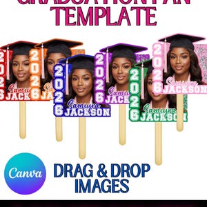 The image is a graduation fan template featuring a collection of colorful graduation caps with the names of graduates displayed on them.